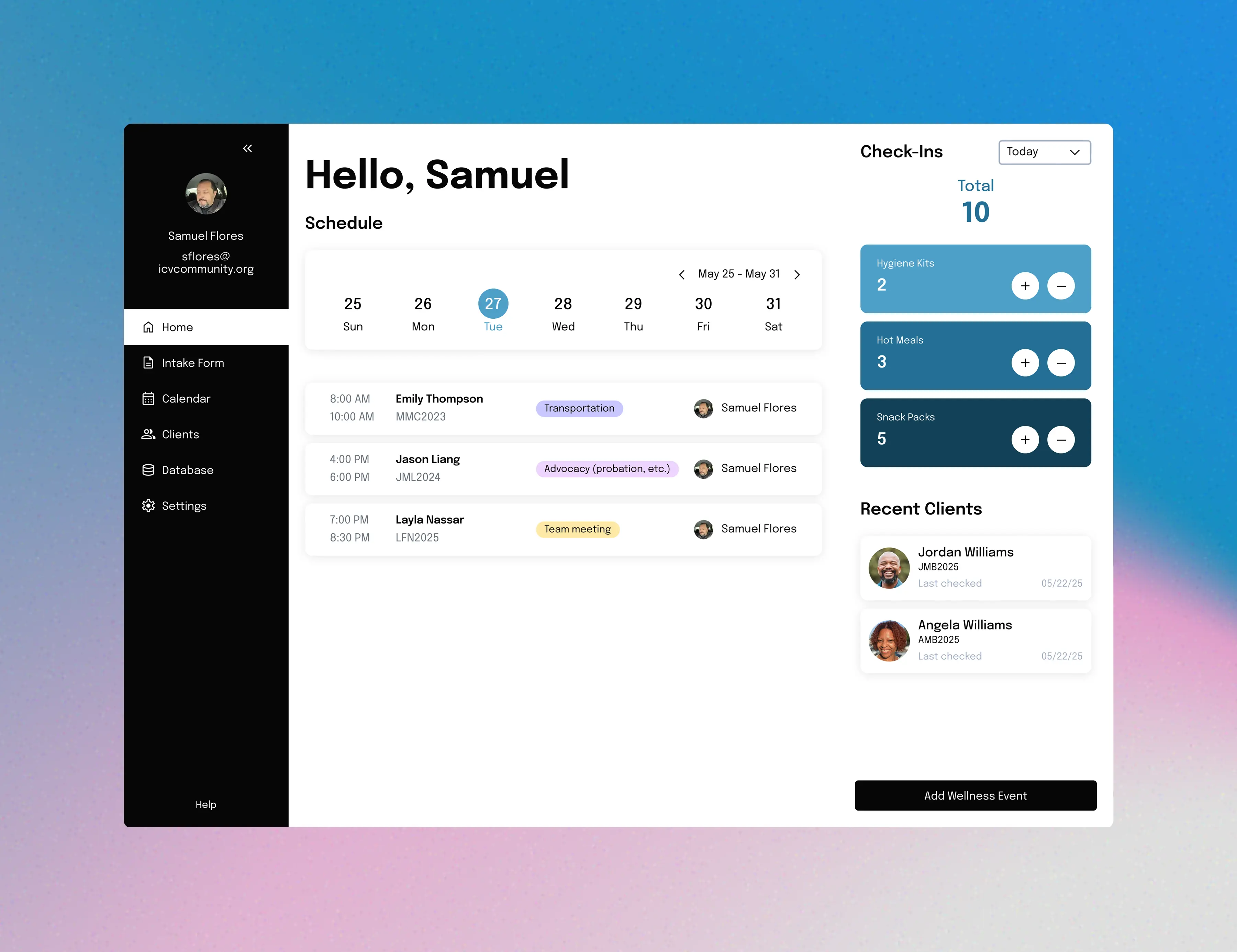 Client Management System dashboard with a weekly schedule, check-ins, and recent clients
