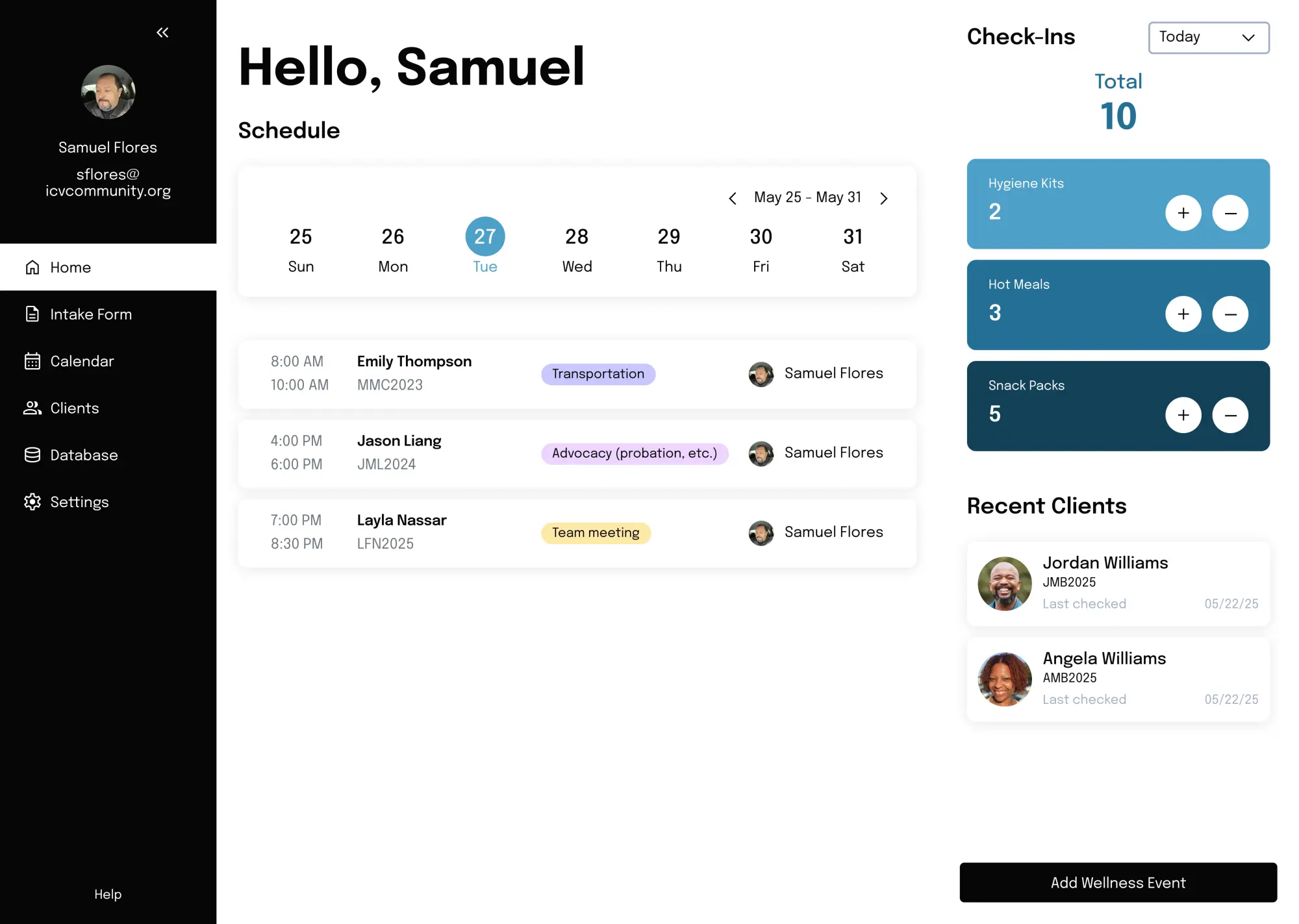 Client Management System dashboard with a weekly schedule, check-ins, and recent clients